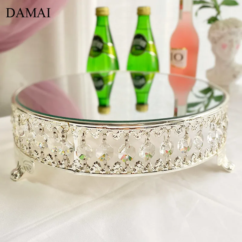 Gold Inlay Cake Stand European Luxurious Crystal Embellishment Glass Mirror Dessert Pastry Display Tray Afternoon Tea Decoration