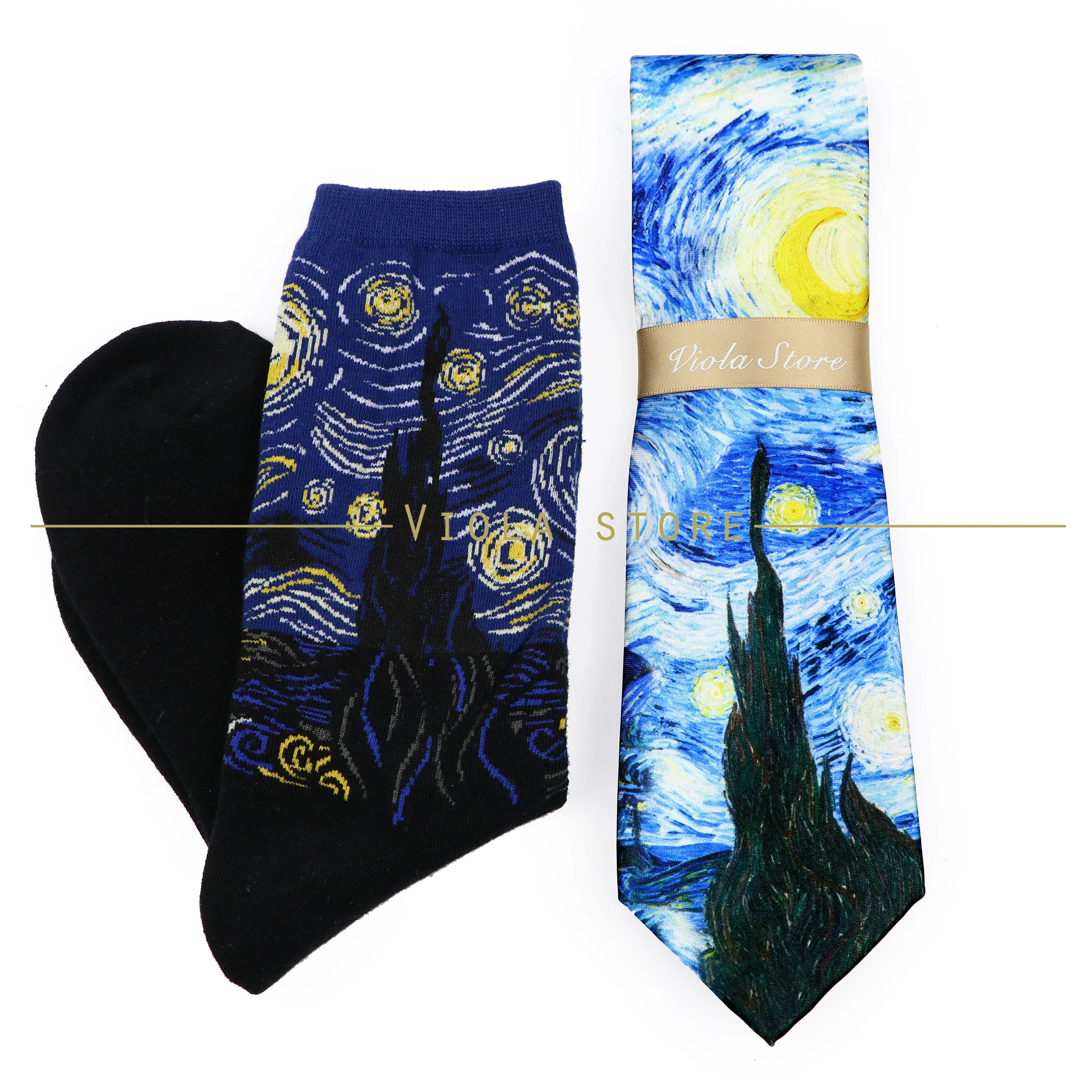 Stary Night Oil Painting Polyester 8cm Tie Cotton Socks Set Men Interesting Design Artist Necktie Gift Shirt Cravat Accessory