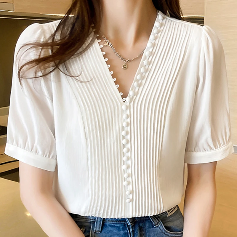 Blouse Women Blouses Top Femme Short Sleeve White Blouse Tops Women Blusas Mujer De Moda 2024 V-Neck Chiffon Blouse Shirt E867