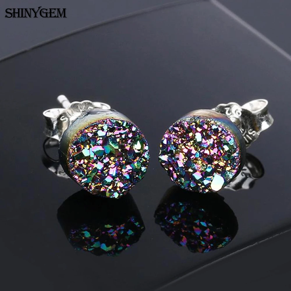 ShinyGem Trendy Sparkling Natural Opal Druzy Gem Stone Stud Earrings Round Mineral 6mm Small Size Lovely Earrings For Women Gift