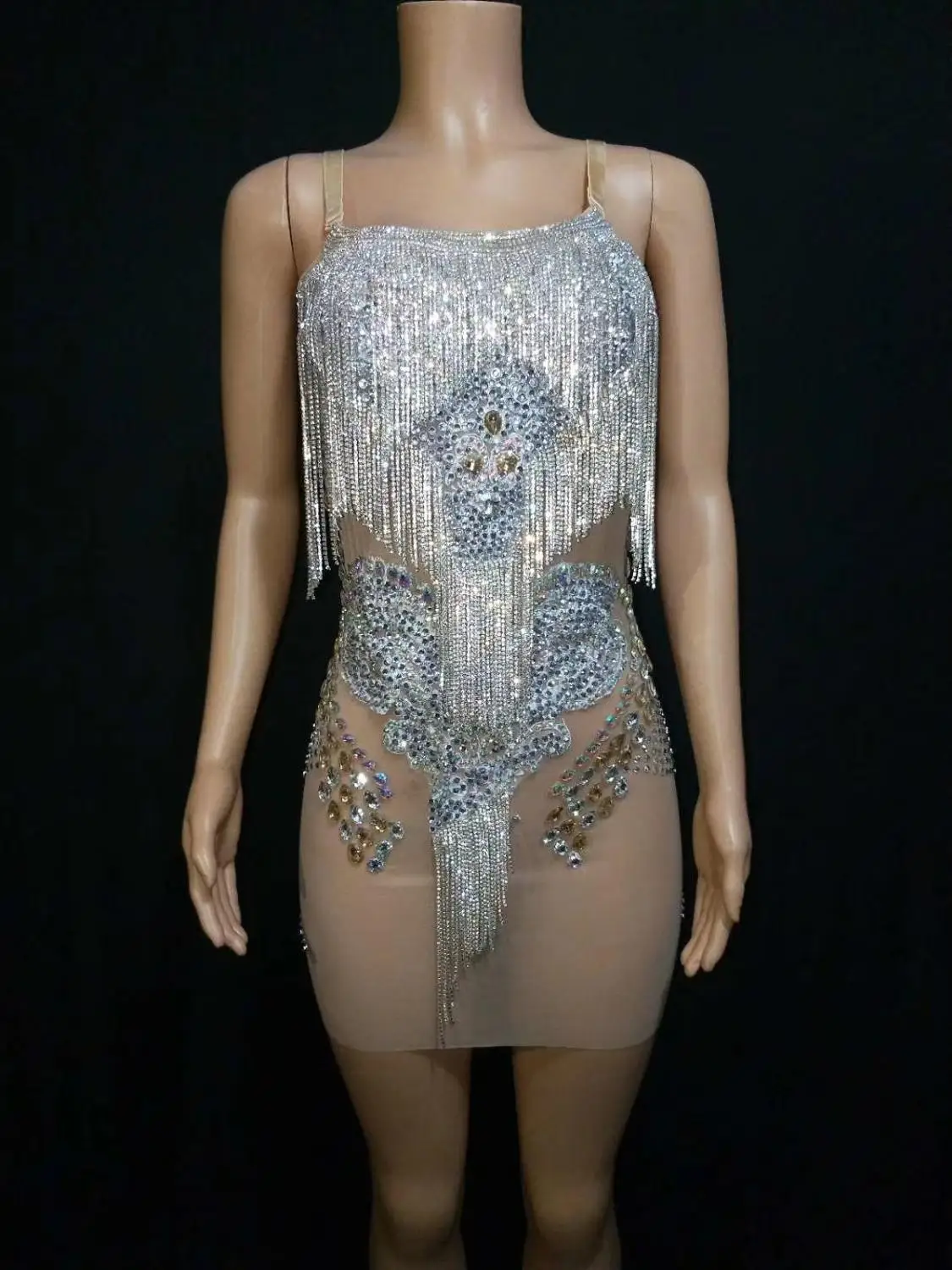 Nightclub Women Rhinestone Sequin Tassels Short Skirt Female Sexy Screen Perspective Pole Dancing Skirt Women's Slim Stage Wear