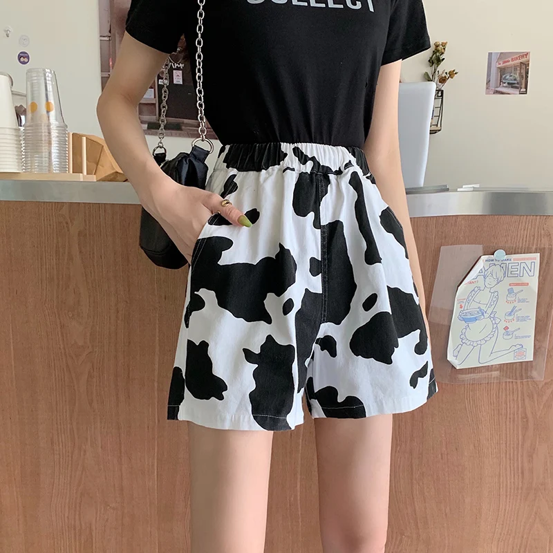 Shorts Womens Elastic Waist Cow Printing Casual Loose Harajuku Streetwear Soft Girls Harjuku Korean Style Ulzzang Female Clothes