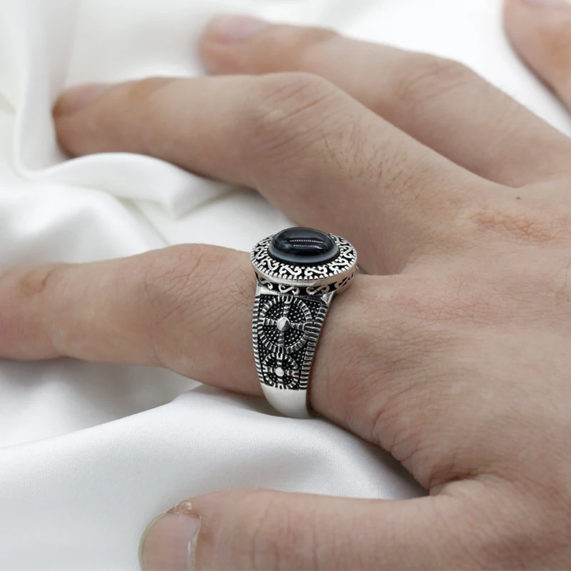 925 فضة خاتم الرجال الطبيعي الحجر الدائري الإسبنيل الرجعية نمط الرجال غرامة مجوهرات