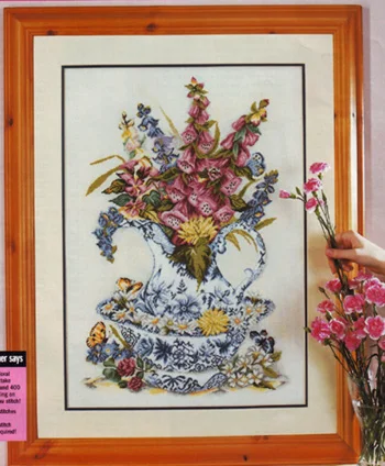 

11/14/16/18/22/25/28CT Counted Cross Stitch Kit Carnation Foxglove Digitalis Lavender Floral Flower Flowers in Blue Vase Celadon