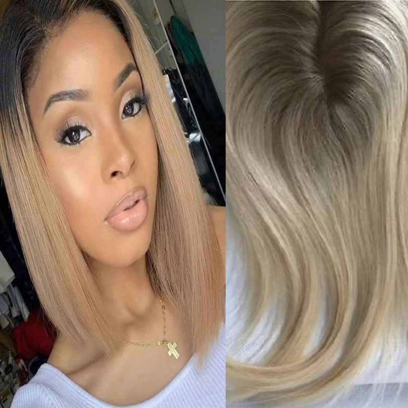 

Topper Ombre Blonde Lace+PU Remy Human Hair Toppers Toupee Women 13*15cm 8-20 inches Two Tone Balayage Color For White Women