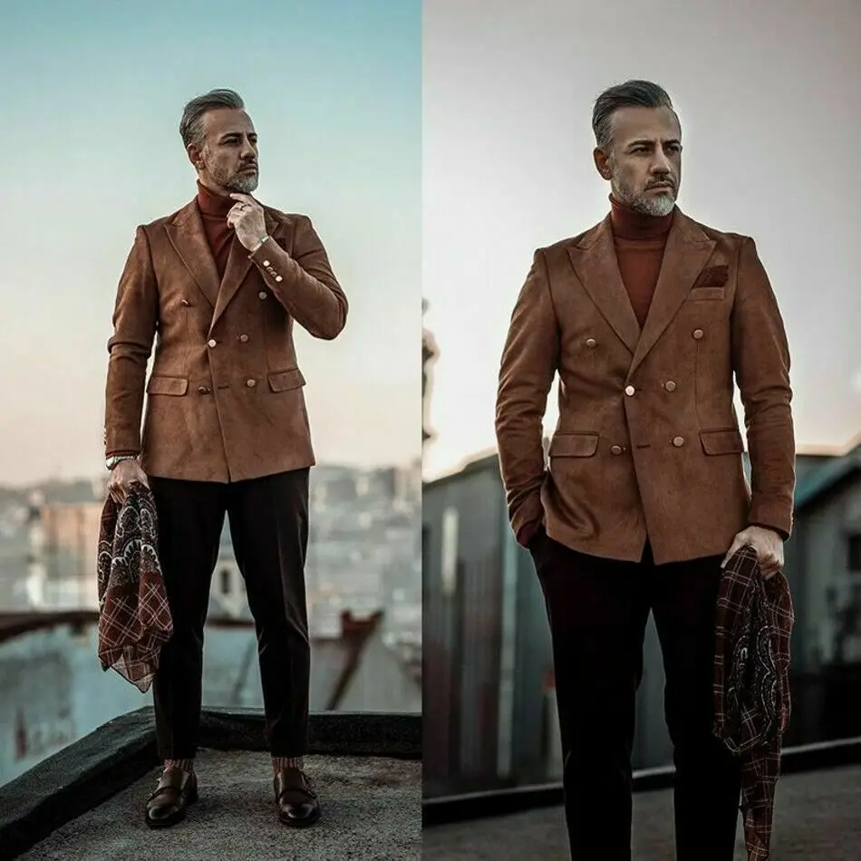 

Dark Brown Suede Peak Lapel Men Blazer Double-Breasted Jacket Custom Tuxedo Groom Suits For Men Wedding Coat Mens 1 PC Blazer