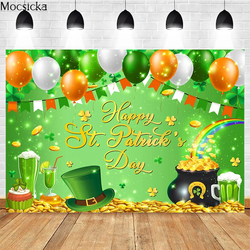 Mocsicka St. Patrick's Day Photography Background Balloon Clover Decoration Studio Props Child Portrait Photo Backdrop Banner