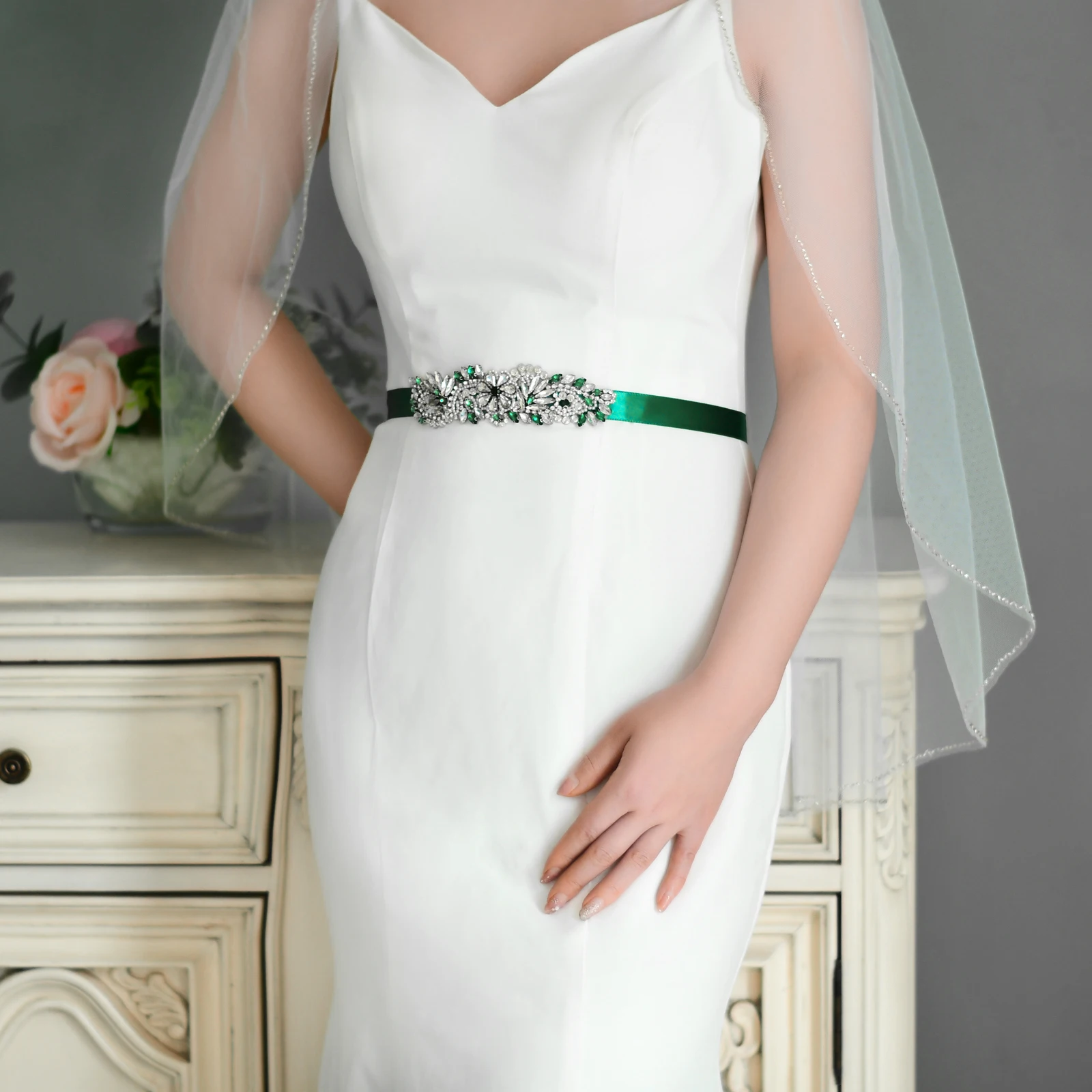 Cintura da sposa con cinturino verde cintura da sposa con strass cinture da sposa cintura da donna sottile in cristallo cintura da donna per cintura formale cintura da ragazza