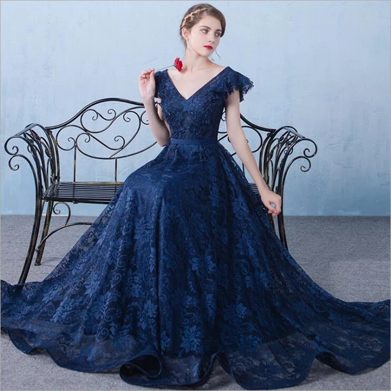 Vintage Navy Blue Floral V-neck Halter Dress Elegant A-Line Long Evening Dress Prom Dresses DP6214