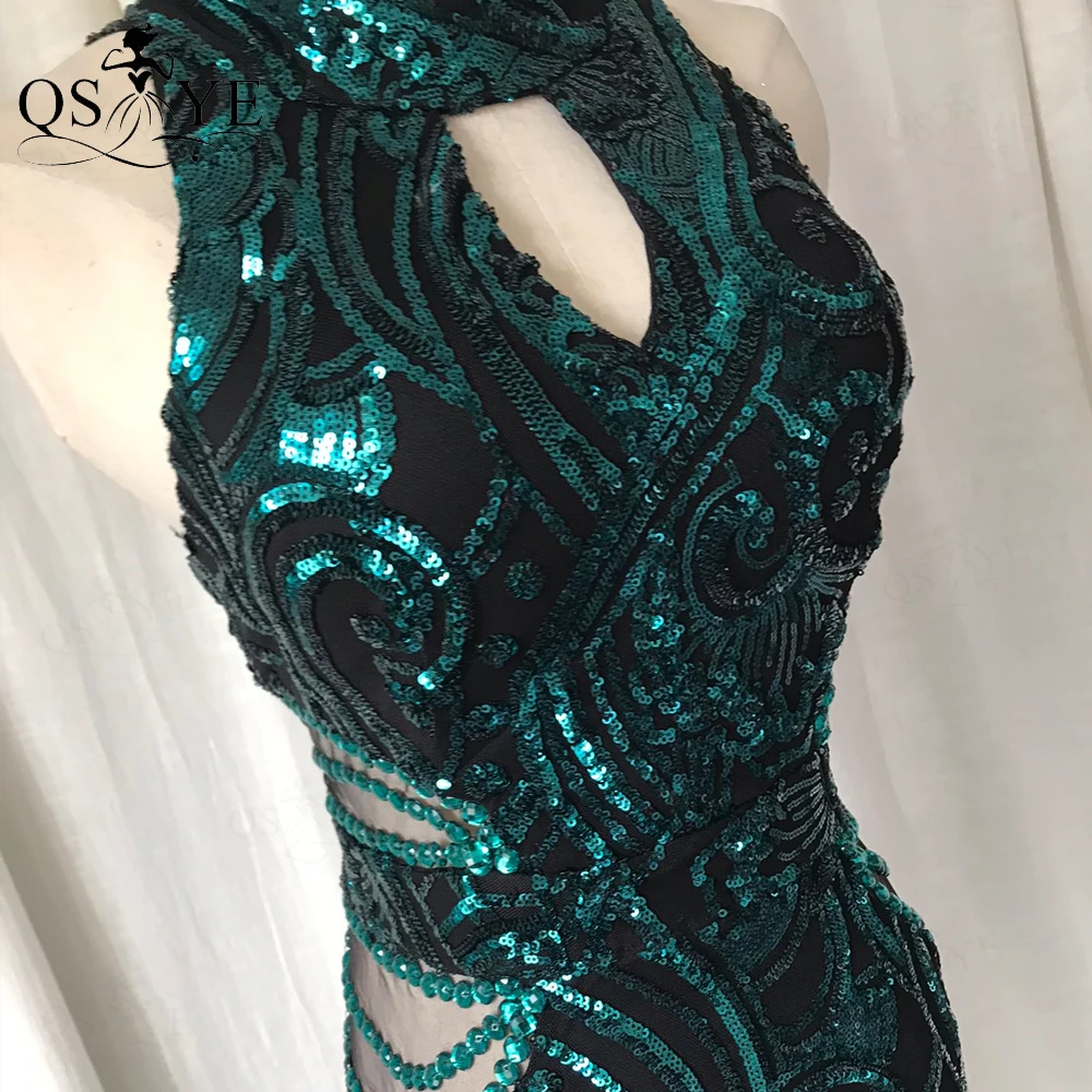 Green Evening Dress Halter KeyholeNeck Mermaid Long Evening Gown Elegant Glitter Sequin Pattern Formal Party Women Emerald Dress