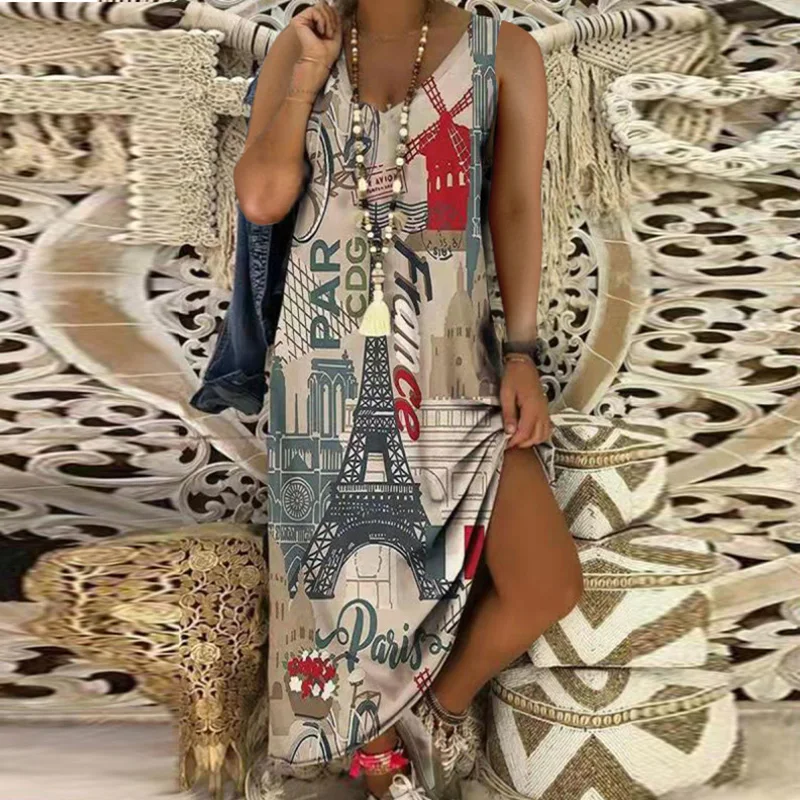 Creative World Map Printing Summer Maxi Dress Women Vintage Loose XXXL Long Dress V-Neck Long Sleeve Casual Beach Dress Vestidos