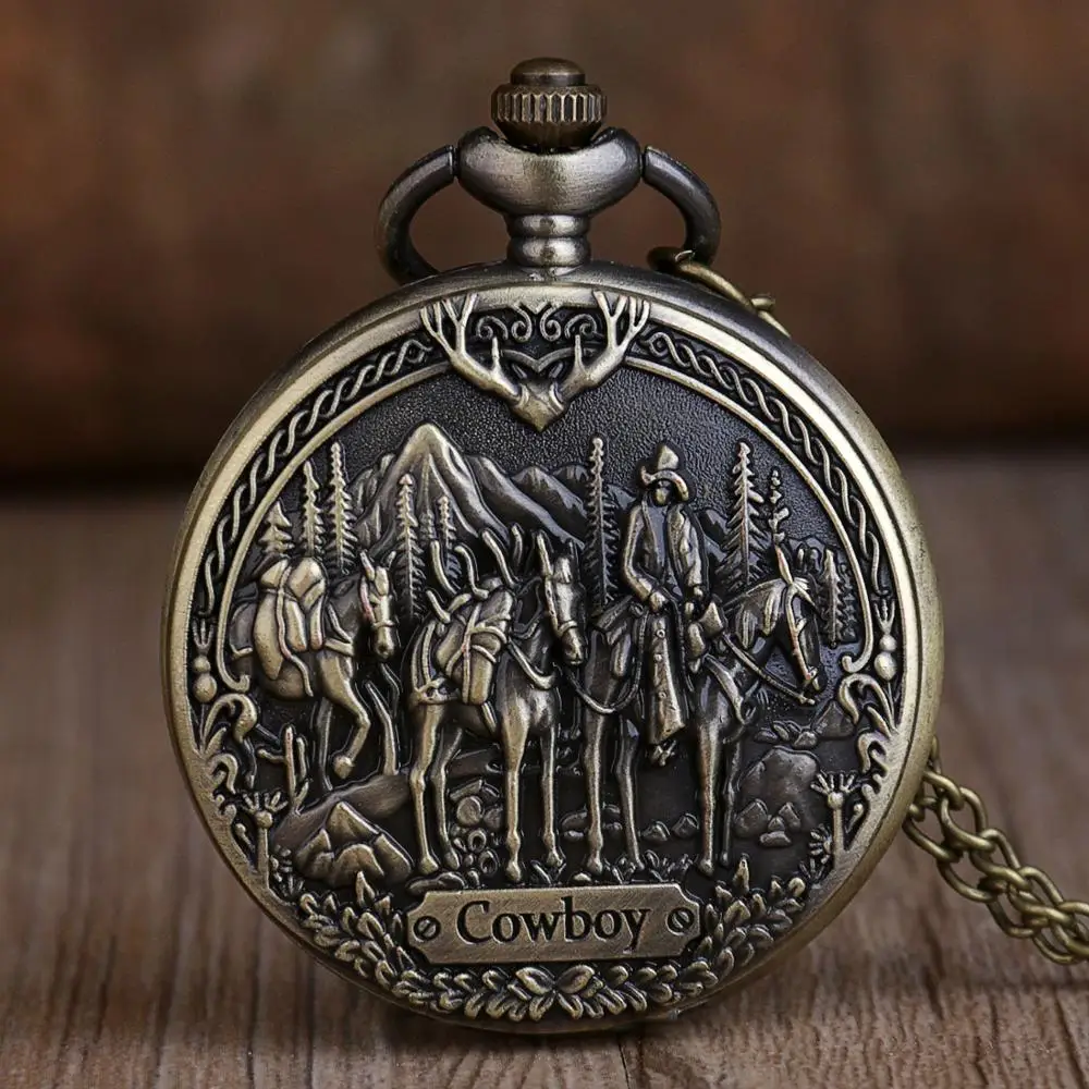 

New Vintage Bronze Cowboy Horse Quartz Pocket Watches Analog Pendant Unisex Pocket Watches Necklace Chain for Men Women