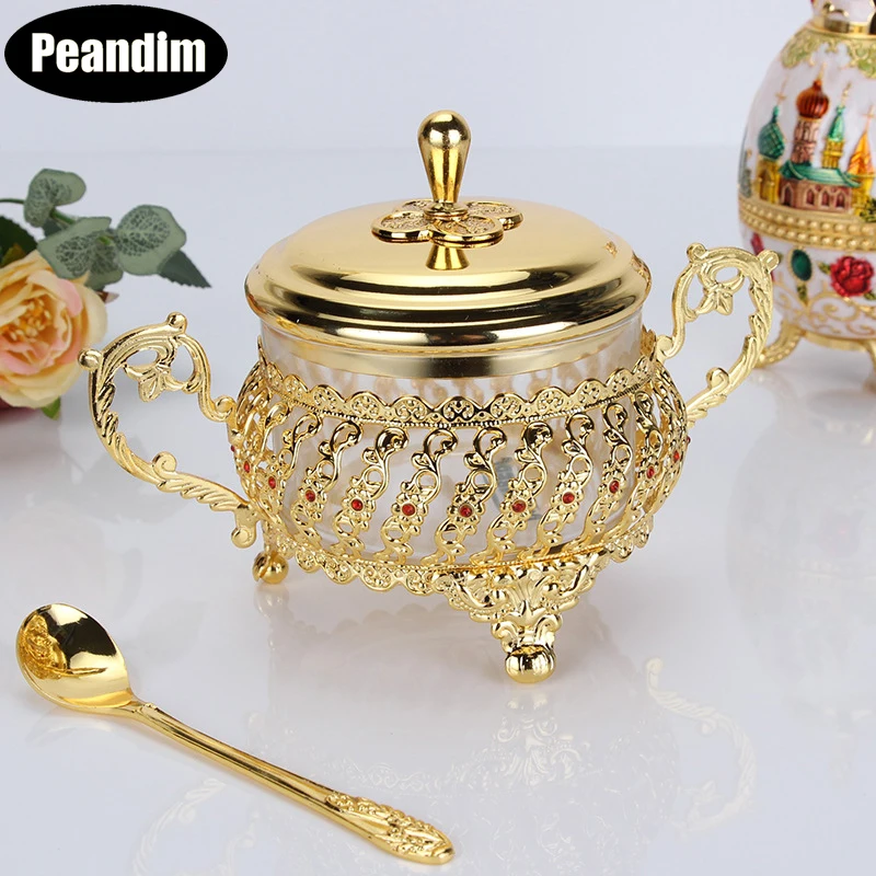 

PEANDIM Elegant Jars Gold Finished European Glass Sugar/Salt/Tea/Coffee Jar Storage Tableware Dinnerware Home Table Decoration