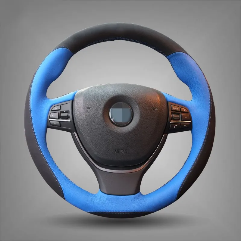 Blue Leather Hand-stitched Steering Wheel Cover for BMW F10 2014 520i 528i 2013 2014 730Li 740Li 750Li