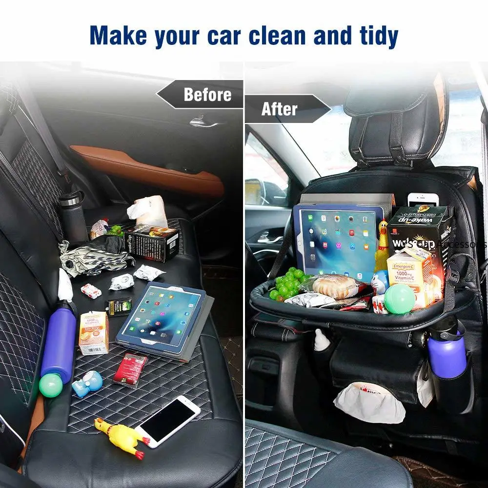 1* Car Seat Back Organizer PU Leather Kick Mat Storage Bag Foldable Car Seatback Table for Tablet Tissue Bottle Car Trip for Kid