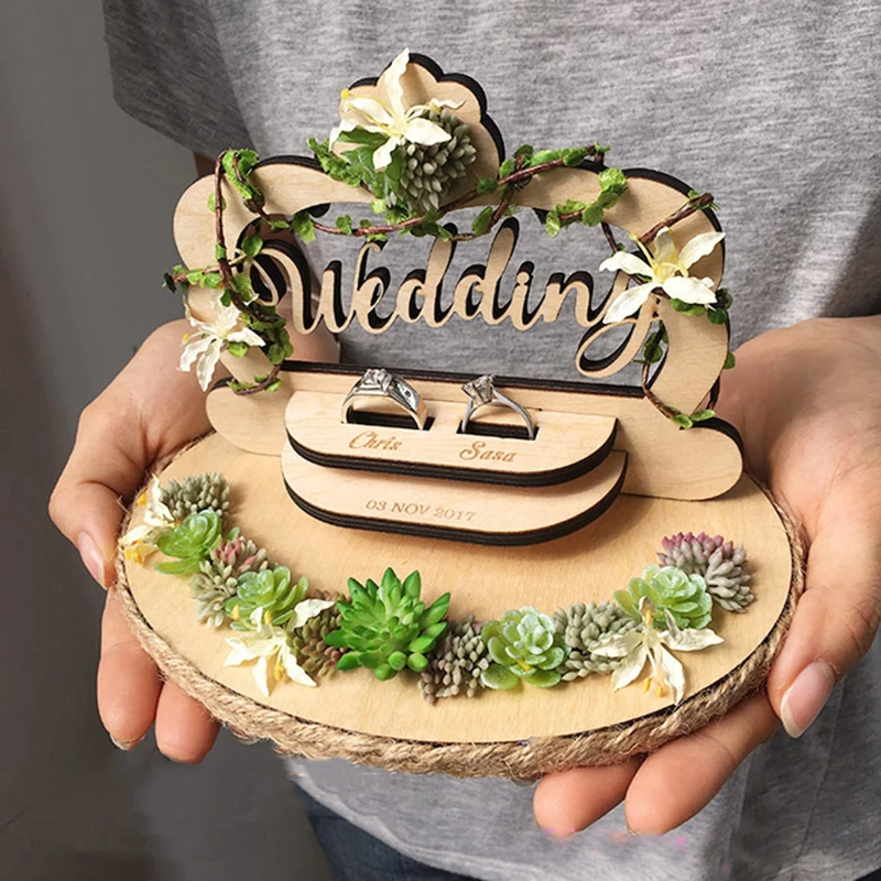 

Custom name Wooden Rustic Bride Groom Marriage Wedding Party Photo Props Ring Bearer Box Pillow For Decoration