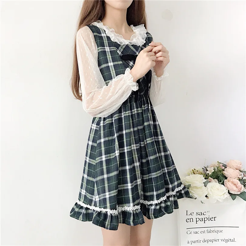 Japanische Student Süße Bowknot Krawatte Spitze Plaid Rüschen Ärmellose Weste Kleid Frauen Viktorianischen Hohe Taille Cosplay Cos Loli