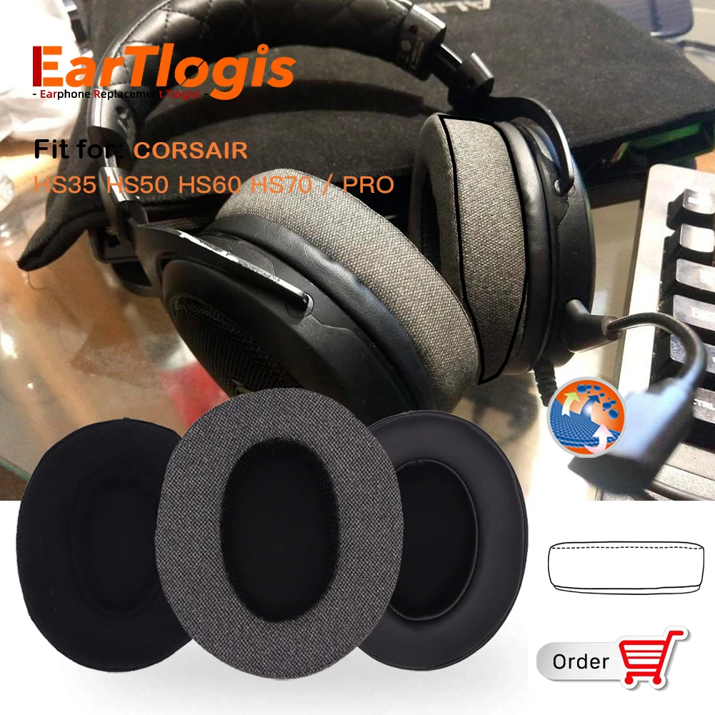 EarTlogis Replacement Ear pads for CORSAIR HS35 HS50 HS60 HS70 PRO Headset Parts Earmuff Cover Cushion Cups Pillow