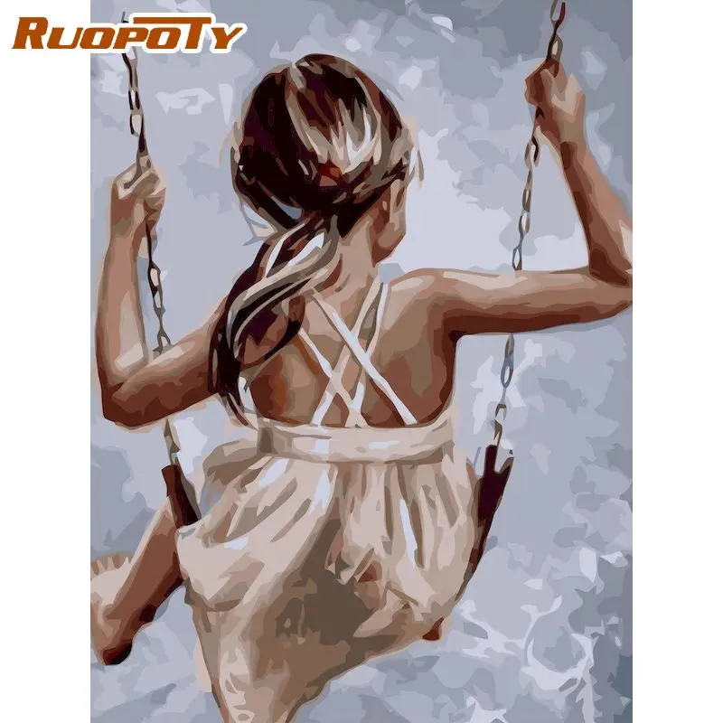 

RUOPOTY 60x75cm Framed Oil Painting By Numbers For Adults Girls On The Swing Figure Picture By Number Home Decoration