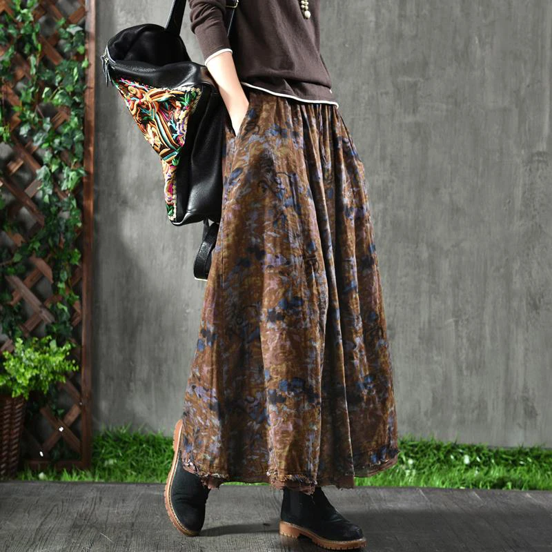 Spring Autumn New Arts Style Women High Waist Cotton A-line Long Skirt Vintage Print Loose Maxi Skirt Female Casual Skirt S272