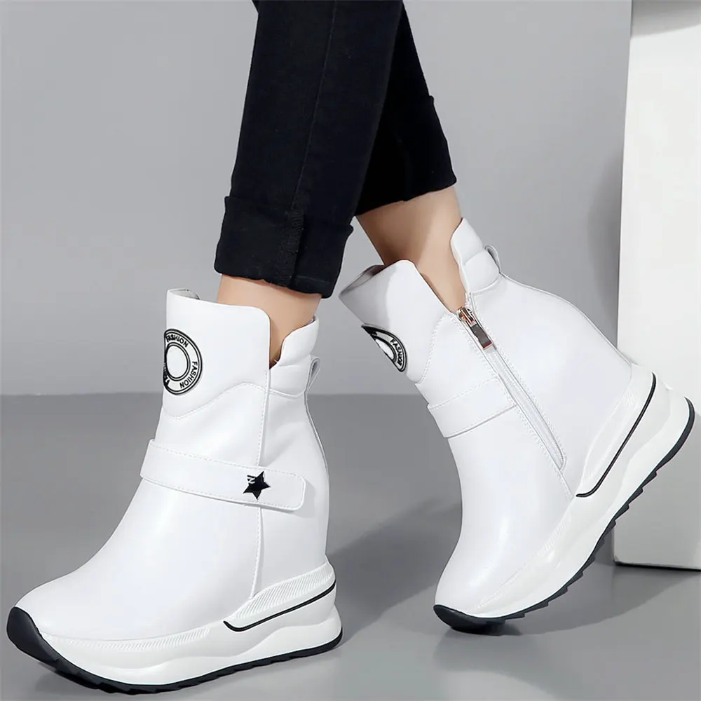 Black White Pumps Shoes Women Cow Leather Wedges High Heel Ankle Boots Female High Top Round Toe Fashion Sneakers Casual Shoes