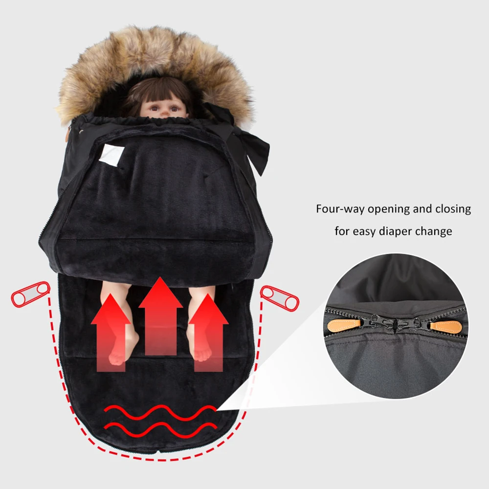 Baby Stroller Sack Winter Footmuff Universal Stroller Bag Removable Fur Collar Windproof Thick Warm Sleeping Bag For Baby Cart