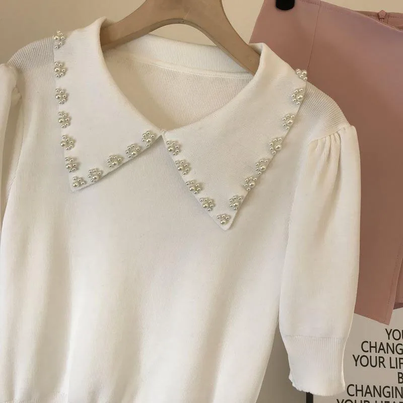 Pearl Beading Knitted T Shirt Tops Women Summer Short Sleeve Turn-down Collar Pullover Solid Slim Korean Fashion Female T-shirts