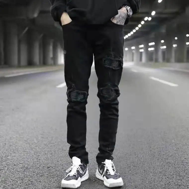 Idopy Men`s Ripped Biker Jeans Slim Fit Hi-Street PU Patchwork Motorcycle Denim Joggers Pants With Knee Holes For Men