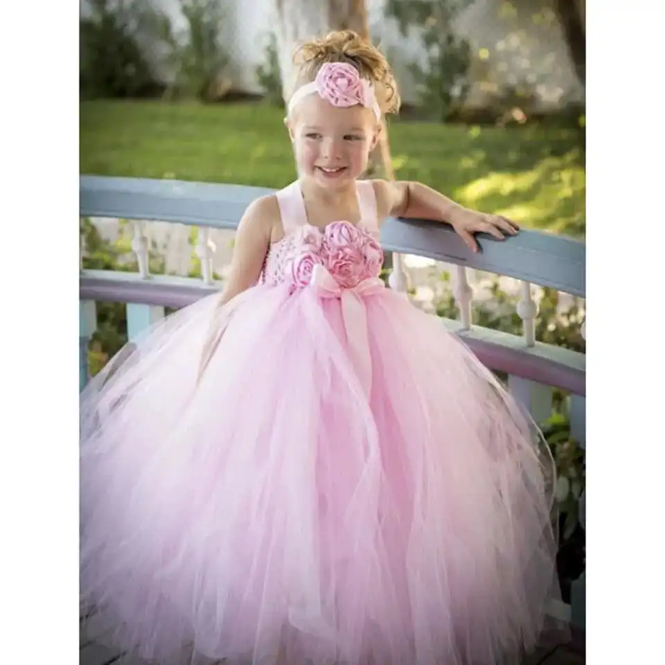 Blush Pink Flower Girl Dress with Flower Headband Princess Girls  Bridesmaid Wedding Tutu Dresses Pink Fancy Ball Gown