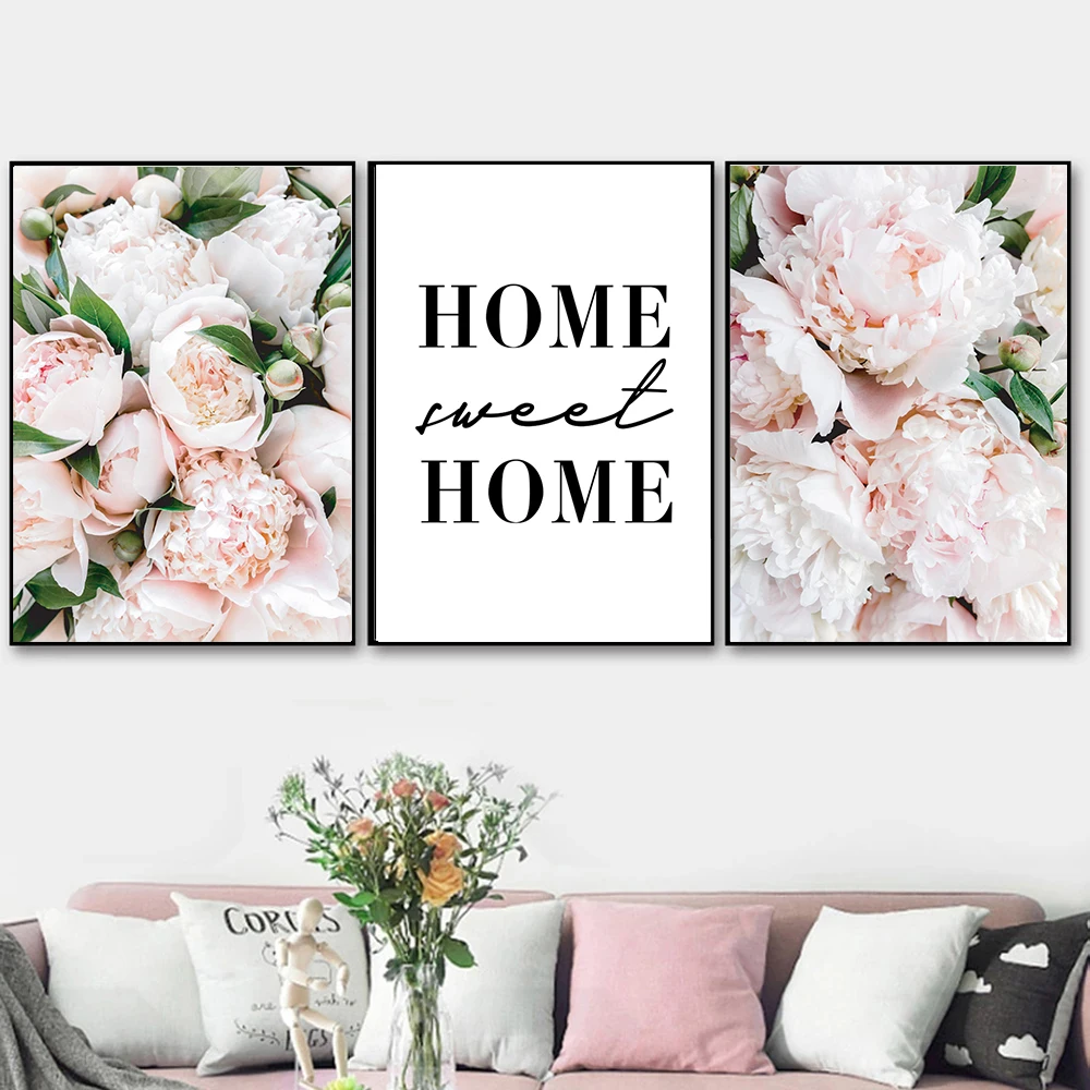 Pink Peony Flowers Home Sweet Canvas Painting Decoration Nordic Posters And Prints Wall Art Picture For Living Room Home Decor