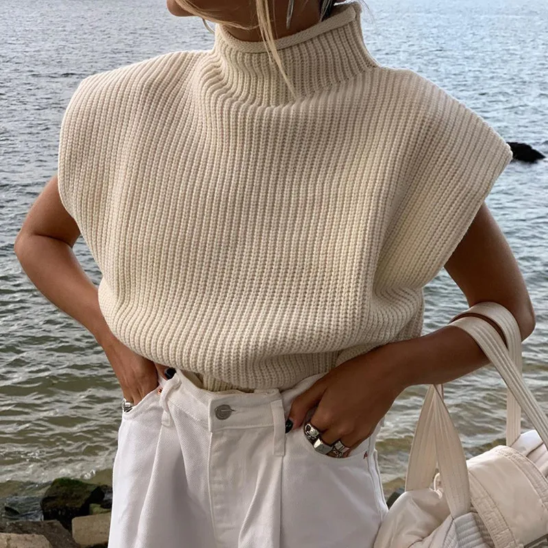 Turtleneck Sleeveless Women Sweater Vest 2024 Wide Shoulder Pullover Knitted Casual Jumper Tops Autumn