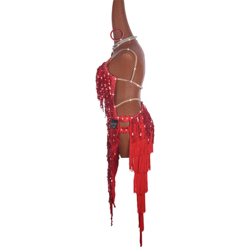 Tassels Latin Dance Dress Skirt Competition Dress Decoration Latin Dance Costumes Skirtes Red Sequins Sparkly Rhinestone Flowing