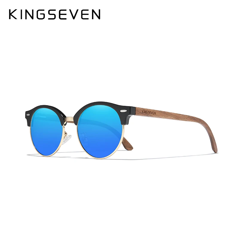 KINGSEVEN 2024 Handgefertigte Sonnenbrille aus schwarzem Walnussholz für Herren und Damen, polarisierte Spiegelgläser, UV400-Schutz, Oculos W5517