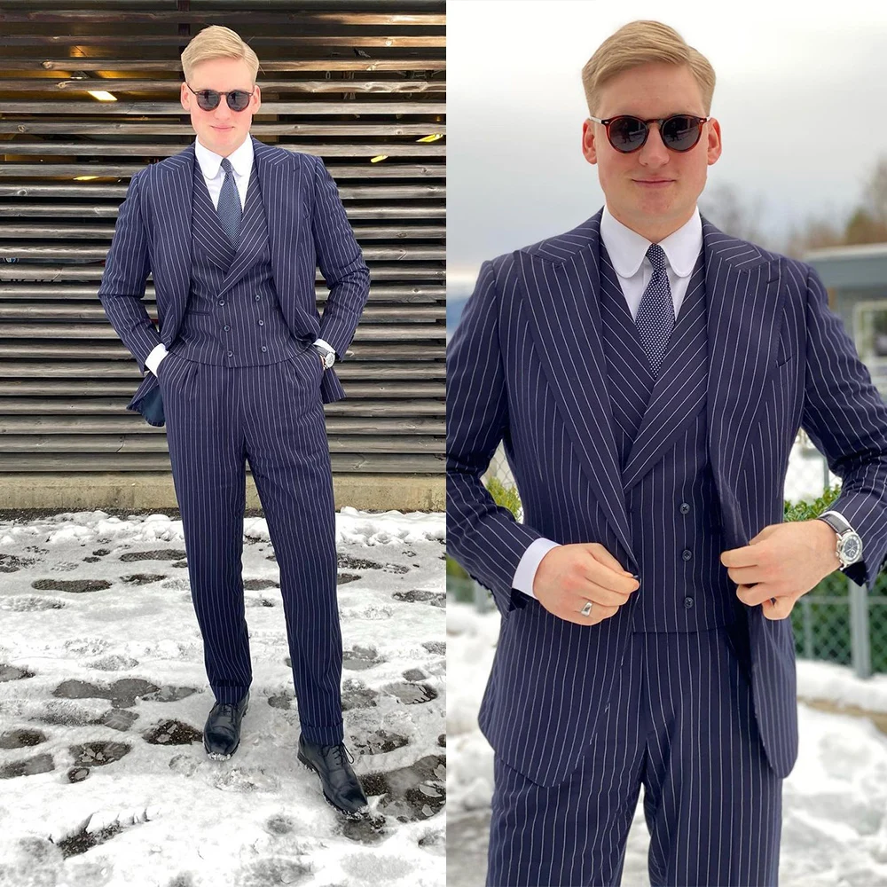 

Classic Stripe Men Tuxedos Suits 3 Pieces Smart Casual (Jacket +Vest + Pants) Daily Business Party Prom Dresses Custom Made