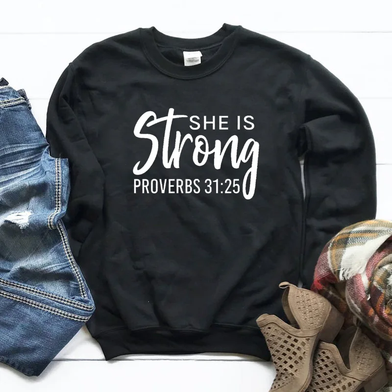 She is Strong Sweatshirt Casual Funny Long Sleeve Crewneck Christan Religious Fashion Clothing Cotton Pullover Jesus Outfits