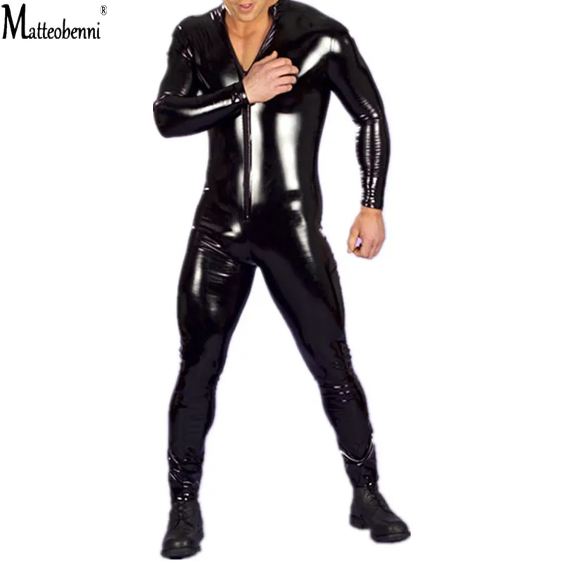 Seksowna bielizna męska Catsuit Faux Leather zamek błyskawiczny z przodu krocza body Gay fetysz kostiumy erotyczne bielizna kombinezon