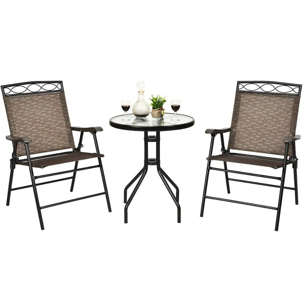 3 PCS Bistro Conversation Patio Pub Dining Set W/ 2 Folding Chairs & Glass Table OP70339