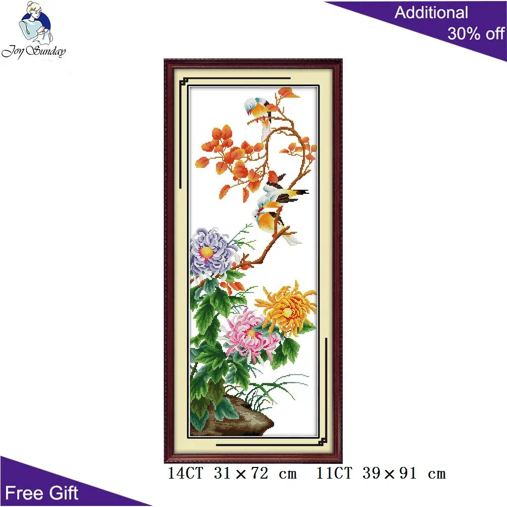 Joy Sunday-Flowers Home Decor, H102 H103 H104 H105, Red Plum Pink Orchid, Yellow Chrysanthemum Green Bamboo Cross Stitch Kit