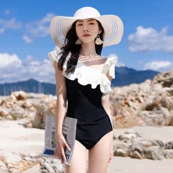 Vintage Ruffle Swimwear Sexy Oblique Shoulder Bathsuit Swim Bodysuit Women Trikini Monokini Push Up Beachwear One Piece