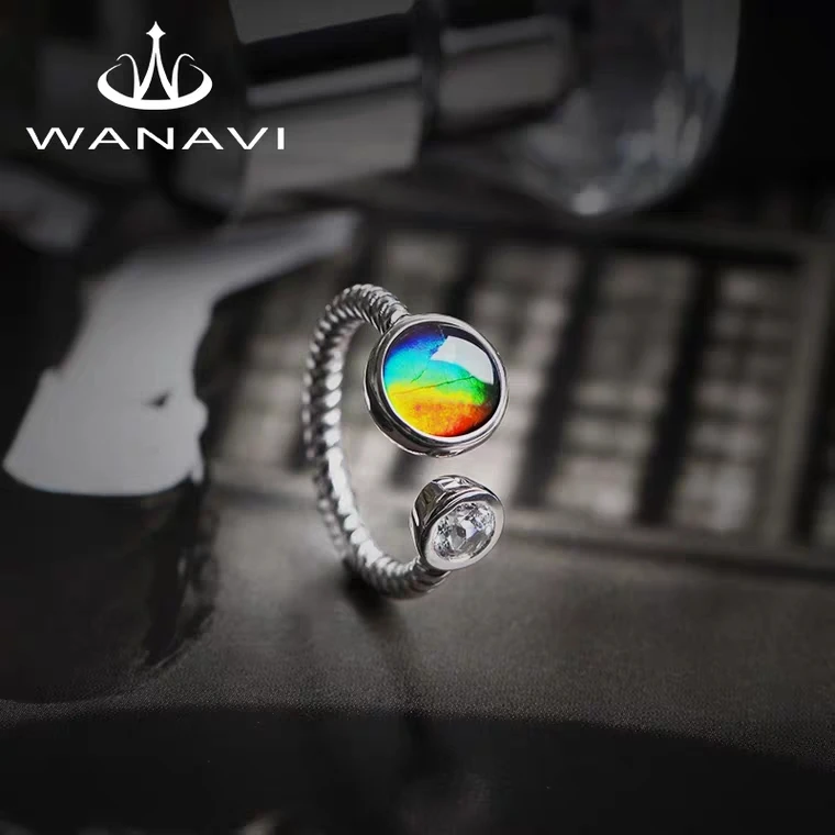 Natural Colorful Ammonite Ammolite Three Colors Adjustable Size Round Ring Woman Men Topaz 10mm Silver Gemstone AAAAA