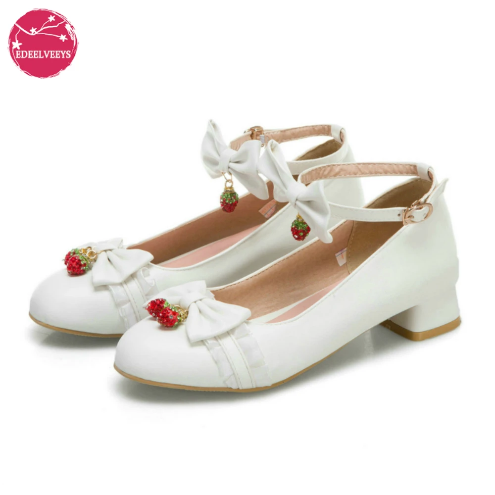 Fashion Cosplay Party Princess Lolita Women Shoes Low Heel Mary Jane Butterfly-Knot Block Pumps Shining Strawberry Pendant