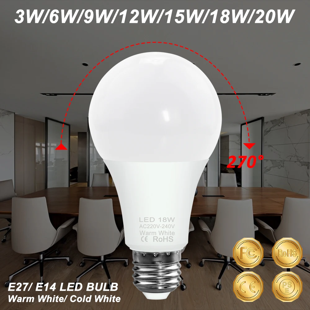 E27 led電球,220v,e14ランプ,3w,6w,9w,12w,15w,18w,20w,240v,テーブルランプ,冷/温白色スポットライト