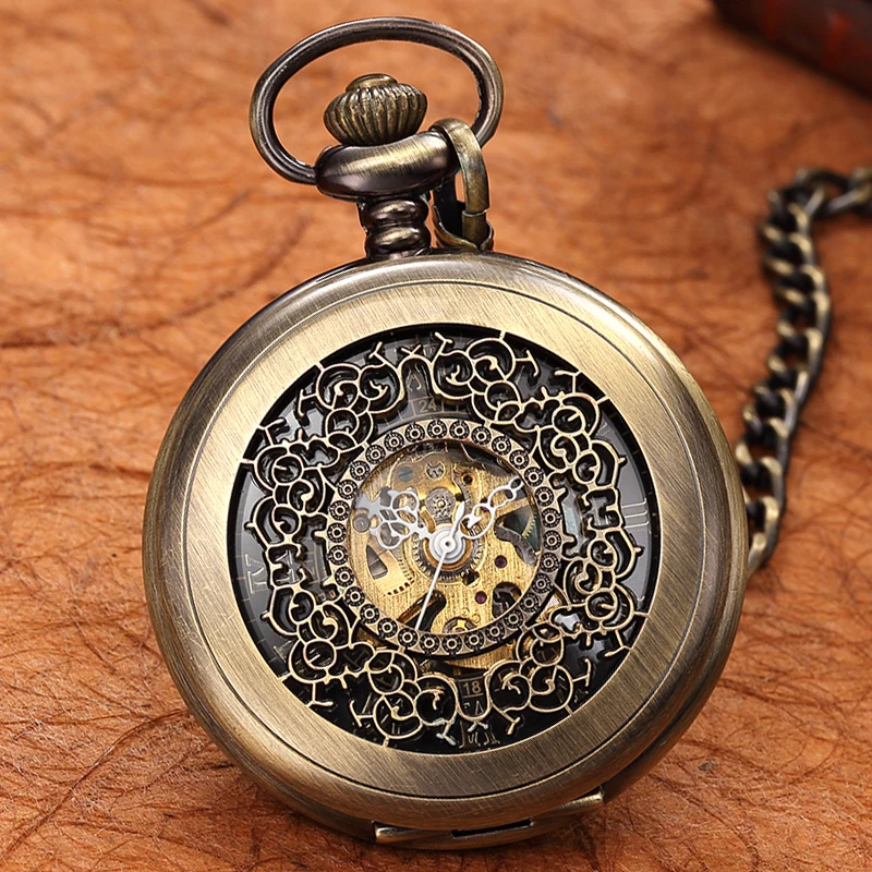 

Retro Hand Wind Mechanical Pocket Watch FOB Chain Locket Dial Hollow Steampunk Skeleton Men Women Mens Clock Watches Box Top