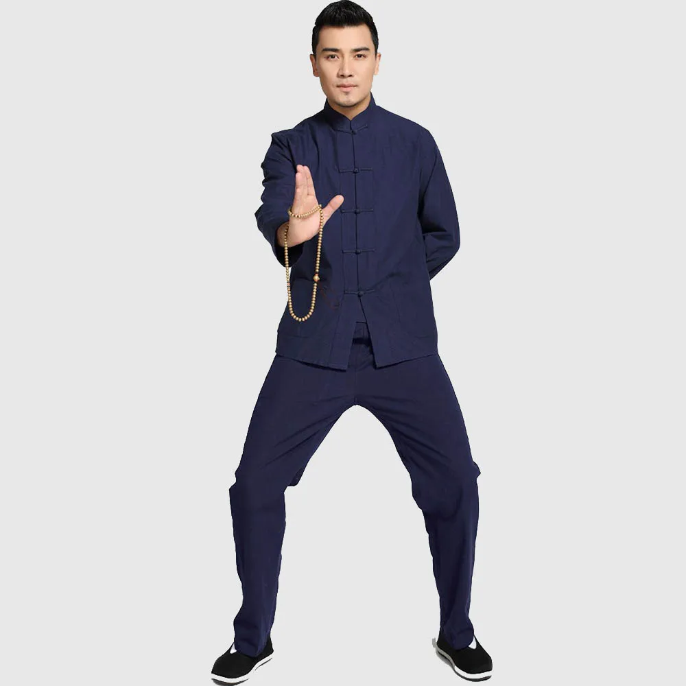 High Quality Jacket&Trousers Chinese Men's Solid Kung Fu Suit 100% Cotton Loose Wu Shu Tai Chi Sets new navy blue