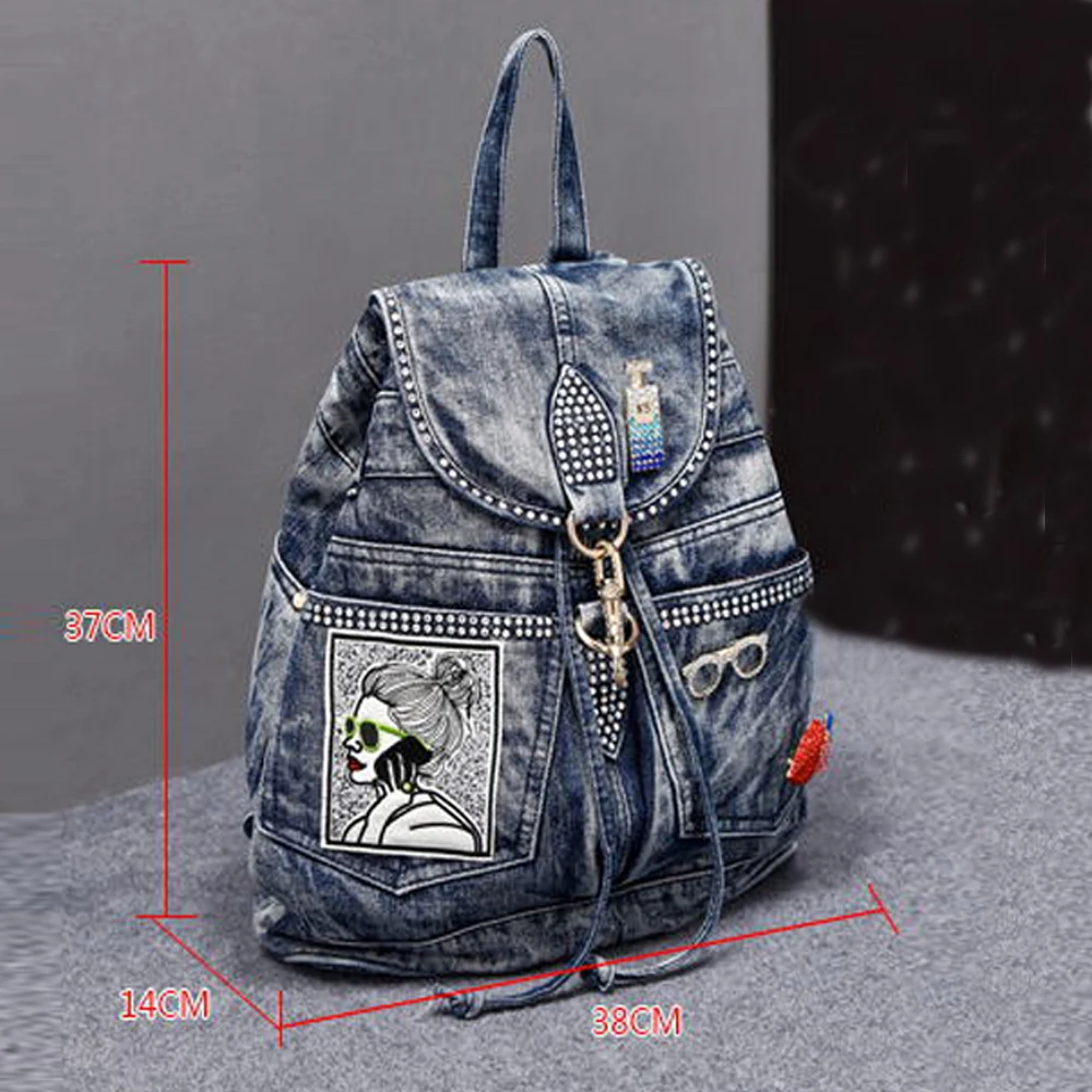 New Women Diamond Backpack Denim Canvas Fabric Drawstring Bucket Bag Personality Trend Ladies School Bag Spring Autumn Denim Bag