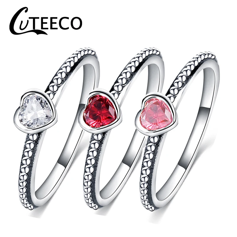 Cuteeco Hot Sale Silver Color Love Heart Rings For Women Compatible With Original Pan Ring Valentine\'s Day Jewelry Gift