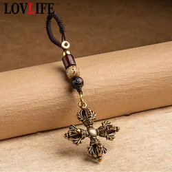 Retro Copper Cross Vajra Keychain Pendant Jewelry Handmade Braied Rope with Wooden Beads Religious Lanyard Hanging for Key Chain