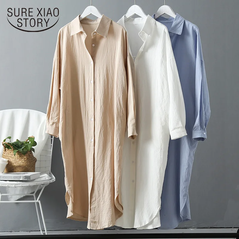 Plus Siize Ladies Tops 2021 Summer Cotton Women Blouses New Linen Cottons Casual White/Blue Women Long Section Shirts 6793 50