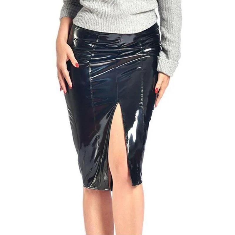 Shiny Patent Leather Midi Skirts Women High Waist Slim Skirt Hems Split Office Lady Vintage PU Leather Knee Length Skirts Custom