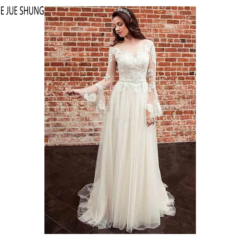 

E JUE SHUNG A Line Boho Wedding Dresses Sheer Neck Flare Long Sleeves Button Back Lace Appliques Wedding Gowns vestido de noiva